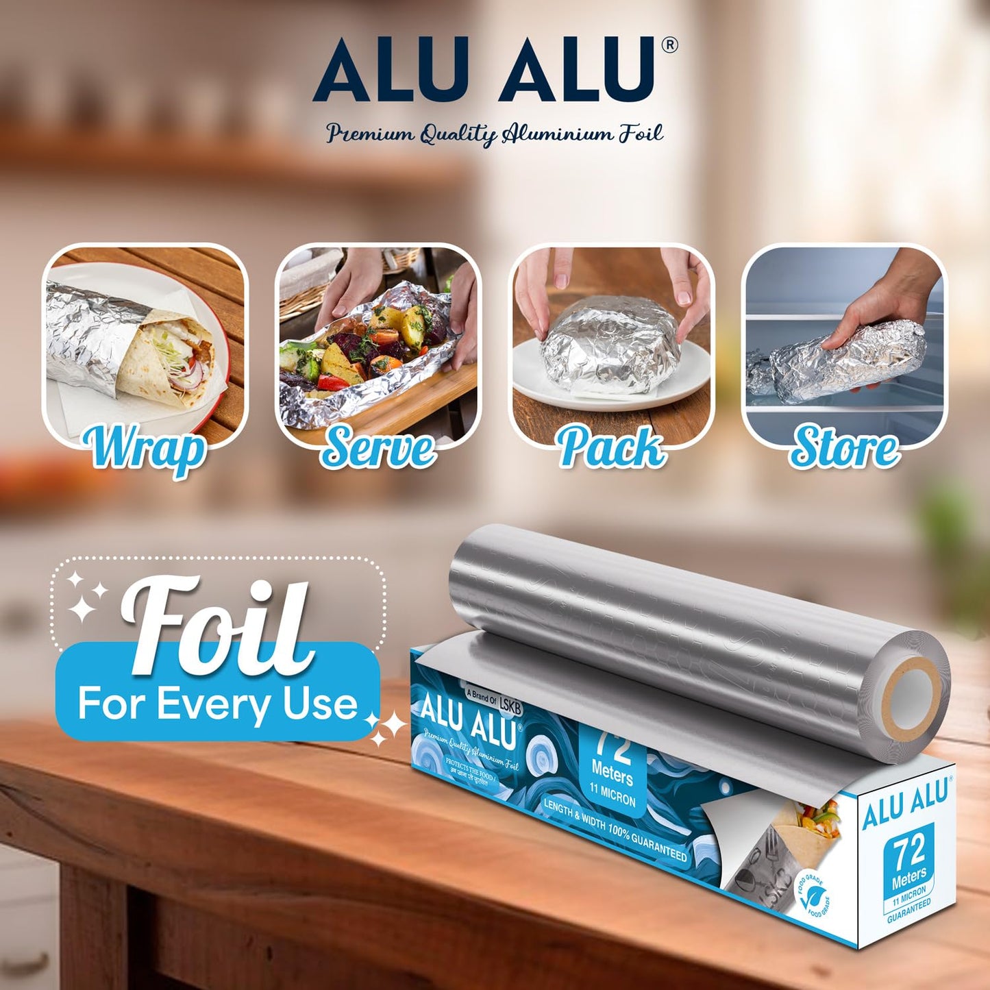 ALU ALU 72 Meter Silver Aluminium Foil | Premium Quality | 11 Micron Thickness | Keeps Food Warm and Hygienic | Ideal for Food Wrapping, Packing, Storing and Serving
