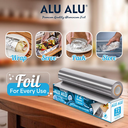 ALU ALU 72 Meter Silver Aluminium Foil | Premium Quality | 11 Micron Thickness | Keeps Food Warm and Hygienic | Ideal for Food Wrapping, Packing, Storing and Serving