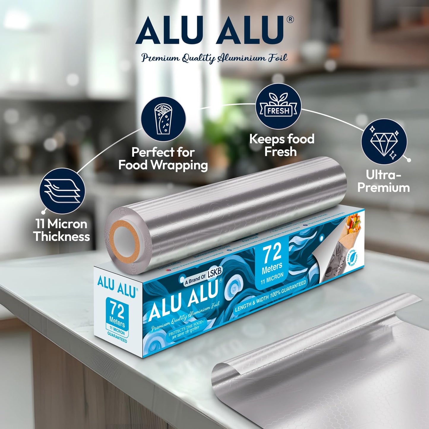 ALU ALU 72 Meter Silver Aluminium Foil | Premium Quality | 11 Micron Thickness | Keeps Food Warm and Hygienic | Ideal for Food Wrapping, Packing, Storing and Serving